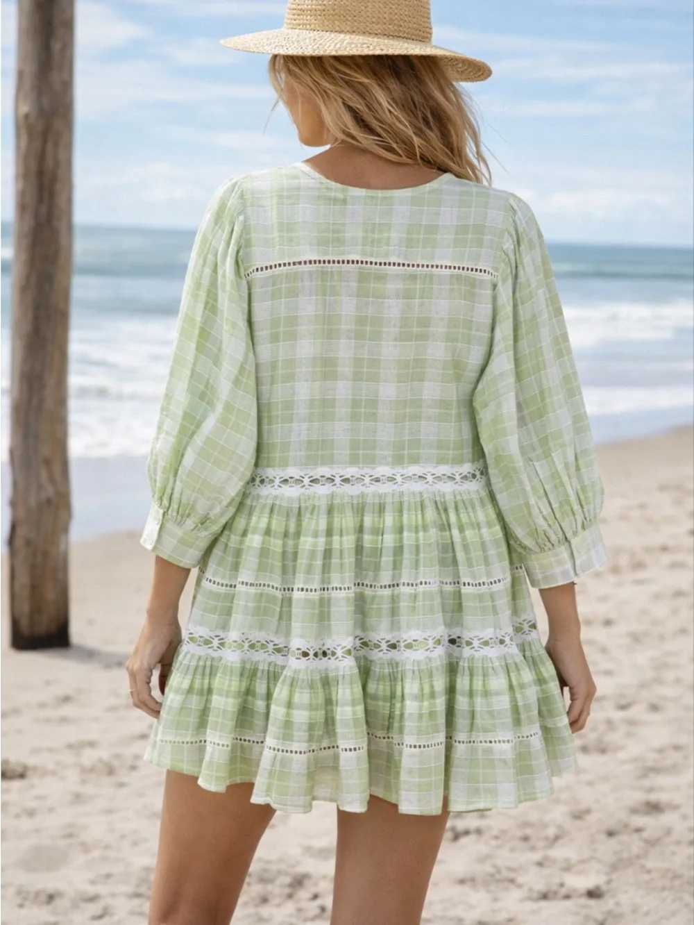 Free People Green Plaid Babydoll Tunic Mini Dress Womens S Oversized Tiered Boho